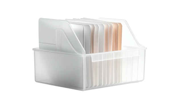 Semi-transparent box with white papers, orderly and organized