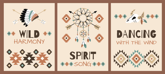 American indians items cards. Traditional patterns, ethnic ornaments, hippie and boho style, explore discover design, posters graphic collection, cartoon flat isolated garish vector set