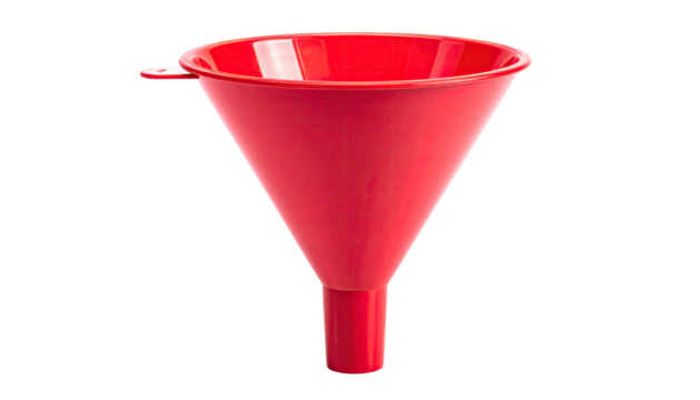 Red, plastic funnel with angled walls on black