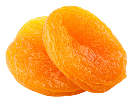 Close-up studio shot of two vibrant, dried fruit pieces. They have an orange hue with wrinkles and a smooth texture