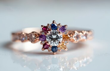 Rose gold ring features central diamond surrounded by colorful gemstone petals. Intricate band shows more gems. Fine jewelry piece, close-up studio shot.
