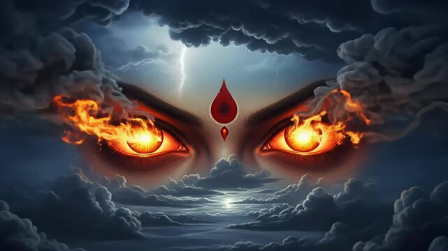 Fierce Maa Chamunda Eyes amidst Stormy Clouds A Powerful Hindu Goddess Illustration and Divine Energy
