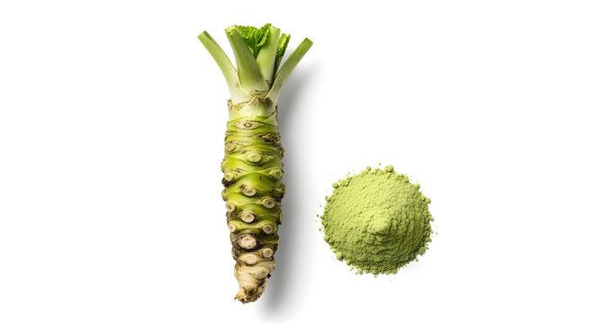 Fresh wasabi root and vibrant green powder isolated on white