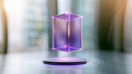 A transparent, glowing purple cube hovers above a circular platform, surrounded by shimmering light particles.