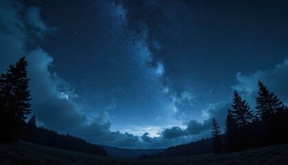 Dark blue starry night sky over pine forest edge. Clouds drift across milky way galaxy. Mountain landscape in distance under moonlit atmosphere. Wide angle lens view.