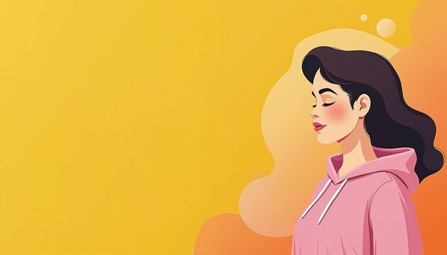 Woman in pink hoodie with eyes closed dreams. Pastel colors signify hope for breast cancer awareness month. Flat graphic art supports female strength.