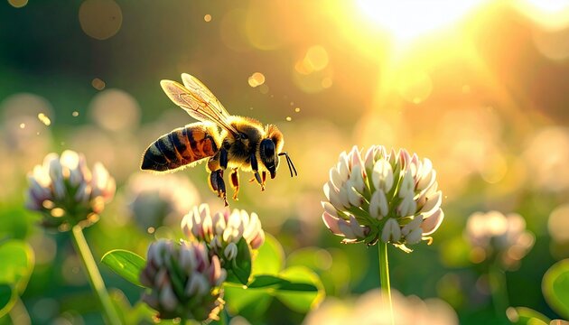 A honeybee hovers in the air near blooming clover flowers, illuminated by the warm glow of the sun.