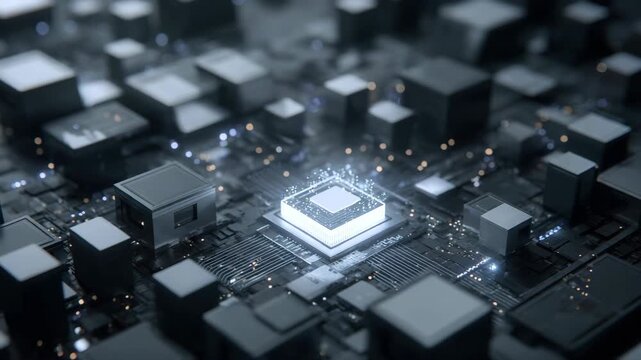 Close-up of modern microchip on circuit board with glowing elements