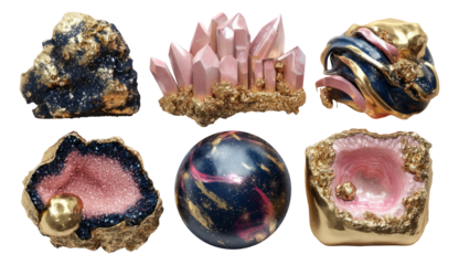 Unique Mineral Artifacts with Gold Accents on Isolated Transparent Background