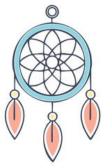 Dreamcatcher illustration with circle and feathers. Decorative artistic design isolated.