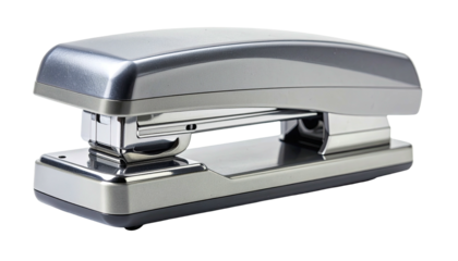 Metallic silver stapler poised against white background