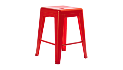 Red, square seat, four-legged metal stool on black background