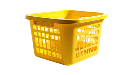 Plastic, yellow, rectangular laundry basket on black background