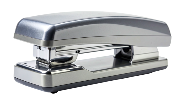 Metallic silver stapler poised against white background