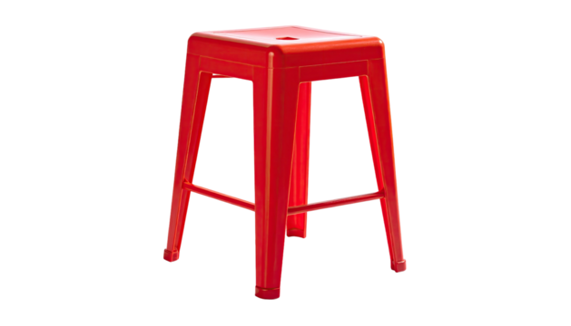 Red, square seat, four-legged metal stool on black background