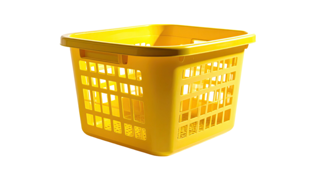 Plastic, yellow, rectangular laundry basket on black background