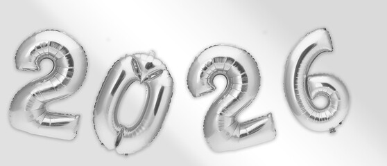 2026 Silver Foil Balloon Numbers – Metallic Helium Numerals on Light Gray Background