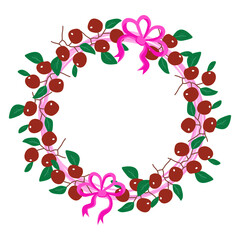 Cherries wreath and green leaves arranged in a circular with purple ribbon. Round frame for greeting card or decoration element.