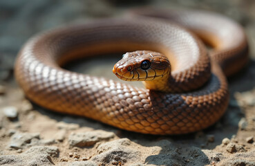 Fototapeta premium Brown snake coiled on dirt ground. Reptile flicks tongue, showing scales detail. Venomous Australian fauna poses danger. Wildlife concept, close-up macro shot.