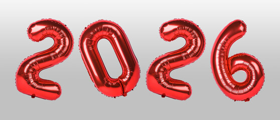 2026 Red Foil Balloon Numbers – Metallic Helium Numerals on Light Gray Background