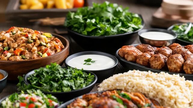 Grilled chicken kebab skewers with rice salad parsley sauce meatball savory Mediterranean feast