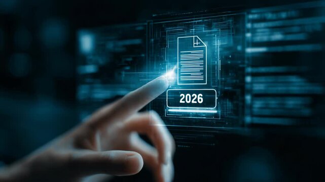 Futuristic digital interaction with year 2026 document interface