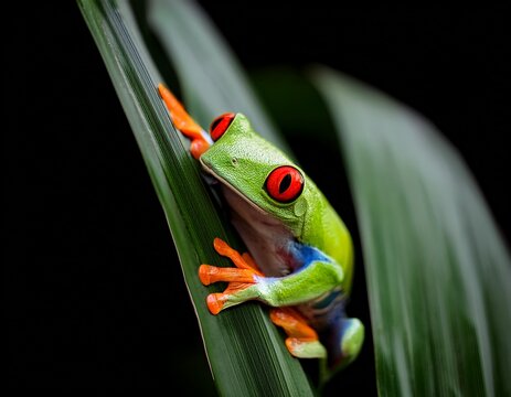 Red-Eyed Tree Frog in Costa Rica: A Vibrant Amphibian Posing on a Green Leaf Against a Black Background, Capturing Tropical Beauty - Powered by Adobe