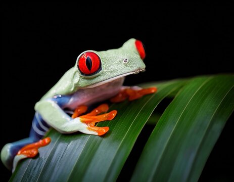 Red-Eyed Tree Frog Perched on Lush Green Leaf, Displaying Its Vibrant Colors Against a Dark Tropical Background. - Powered by Adobe