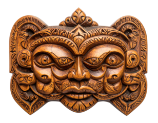 Close-up view of a carved wooden mask with an intricate and expressive design, showcasing a stylized human face with multiple elements