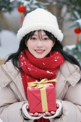 A cute girl holds a New Year's gift in her hands, snow is falling