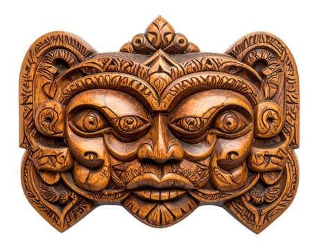 Close-up view of a carved wooden mask with an intricate and expressive design, showcasing a stylized human face with multiple elements