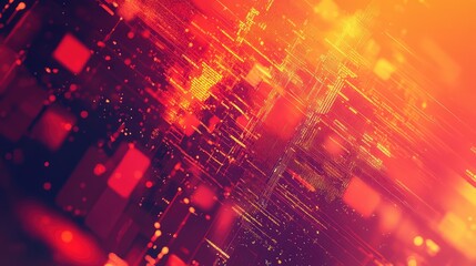 Abstract digital circuit data lines glowing red orange