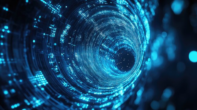 Digital data stream tunnel with blue glowing particles