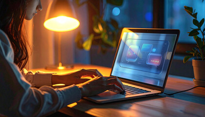Woman working on a laptop at night with chat interface on screen and warm desk lighting