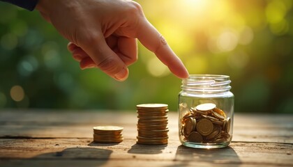 Person points finger at jar filled with coins. Stacks of gold coins on wooden table. Saving money growth concept. Money accumulation and investment idea.