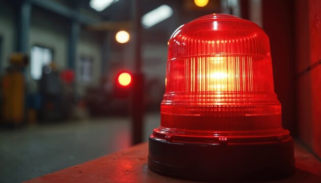 Flashing red beacon light signals urgent alert or emergency in dimly lit industrial space. Device warns of danger or activates safety protocol. Close up shot. - Powered by Adobe