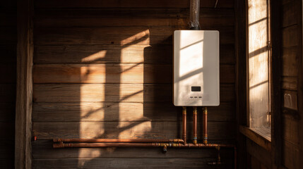 Modern tankless water heater on rustic wooden wall with warm sunlight.