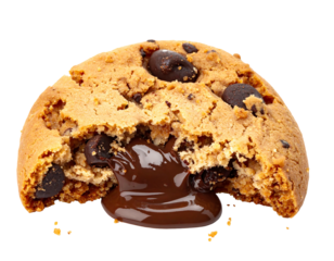 Close-up view of a half-eaten round baked treat with melted chocolate filling. The treat features visible chocolate chips