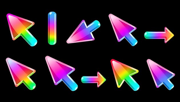 a vibrant collection of rainbow colored computer cursors against a stark black background displaying various directional arrow shapes and styles