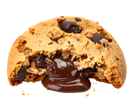 Close-up view of a half-eaten round baked treat with melted chocolate filling. The treat features visible chocolate chips