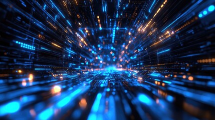 Digital data stream flowing through abstract futuristic network