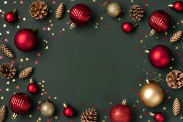 Dark green Christmas background with space for text, red and gold Christmas tree balls and cones, confetti