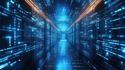 Server room aisle displaying vast digital data flow