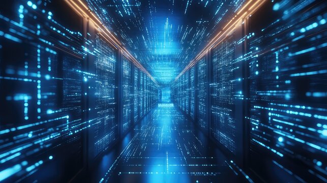 Server room aisle displaying vast digital data flow