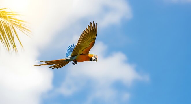 Colorful Macaw Parrot Flying in a Bright Blue Sky.