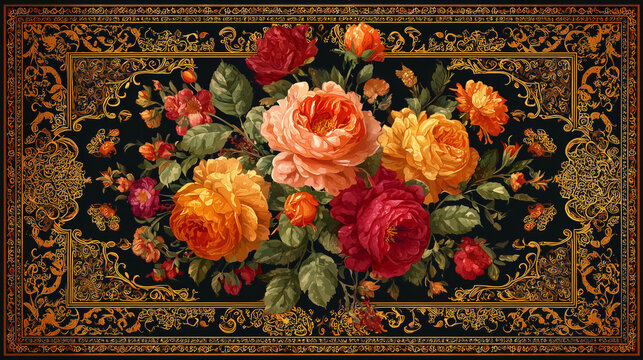 Intricate floral illustrations in the Persian style are framed by a gold border adorned with exquisite arabesque patterns. The symmetrical composition showcases traditional lacquerware art.