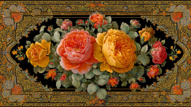 Intricate floral illustrations in the Persian style are framed by a gold border adorned with exquisite arabesque patterns. The symmetrical composition showcases traditional lacquerware art.