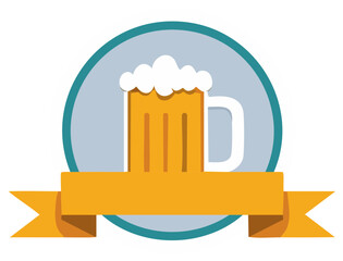 Frothy beer mug icon on a circular badge with a blank ribbon banner for custom text