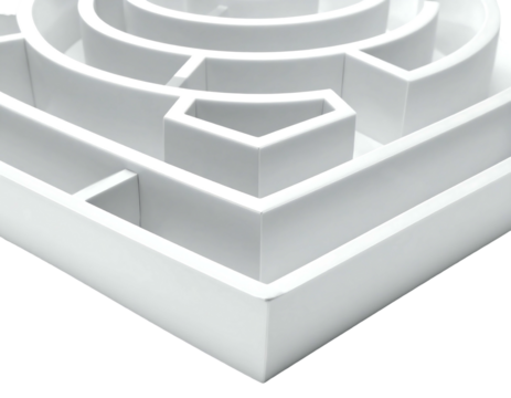 Close-up view of a stark white, three-dimensional maze, focusing on corners and pathways, casting shadows