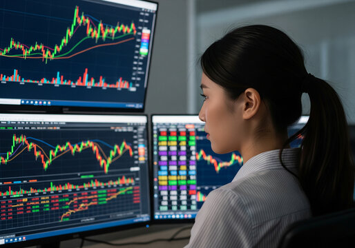 Young Asian woman studying stock market data on multiple screens - Powered by Adobe